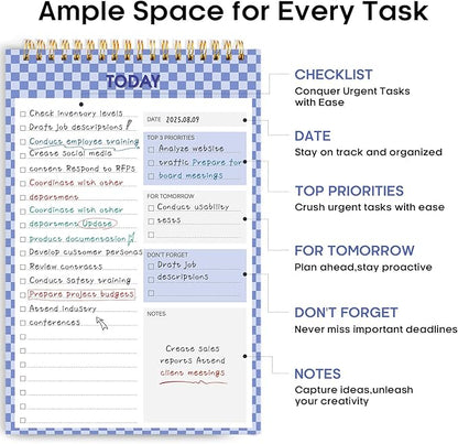 Taja To Do List Notepad - To Do List Notebook for Work with 52 Sheets, 9.8" x 6.5", Undated Daily Planner Perfect for Daily Tasks and Goal Setting, Notepad Suitable for Office, Home & School - Indigo Checkered