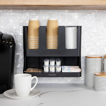 Mind Reader Cup and Condiment Station, Countertop Coffee Bar Organizer with 6 Compartments, Storage Caddy for Cups Lids and Packets, Plastic, Black