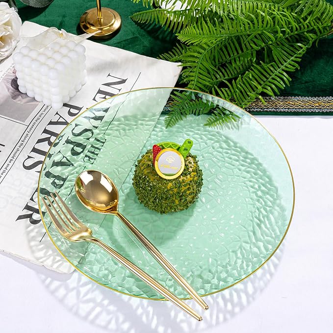 Rubtlamp 100 Clear Green Gold Plastic Plates, Hammered Clear and Gold Disposable Plates Include 50 Dessert Platos, 50 Dinner Platos for Party