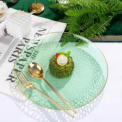 Rubtlamp 100 Clear Green Gold Plastic Plates, Hammered Clear and Gold Disposable Plates Include 50 Dessert Platos, 50 Dinner Platos for Party
