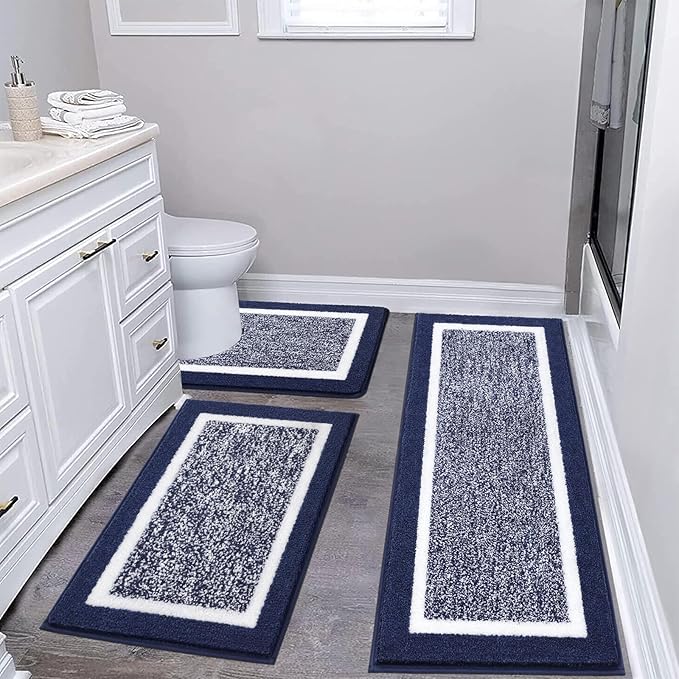 Pauwer Bathroom Rugs Sets 3 Piece Bathroom Shower Rugs with U-Shaped Contour Toilet Mat Absorbent Microfiber Plush Bath Mats Non Slip Bath Rugs Machine Washable Shaggy Bathroom Floor Mats, Navy