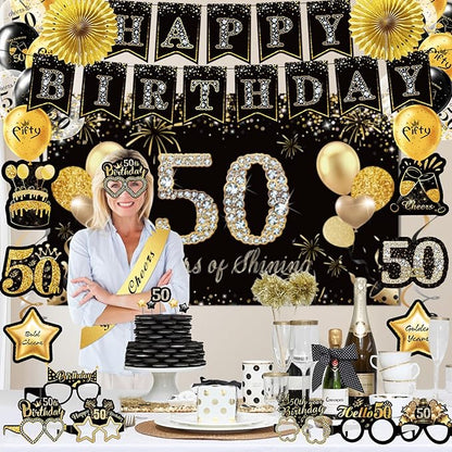 50th Birthday Decorations,39pcs-50th Birthday Decorations for Men & Women,Black Gold 50th Birthday Eyeglasses Decorations Banner Balloons Backdrop Hanging Swirls Paper Fans ,1975 Banner Party Supplies