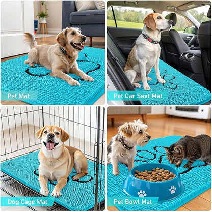 OLANLY Dog Door Mat for Muddy Paws 48x30, Paw Print Design, Absorbs Moisture and Dirt, Absorbent Non-Slip Washable Doormat, Quick Dry Chenille Mud Mat for Dogs, Entry Indoor Entryway Carpet, Aqua Blue