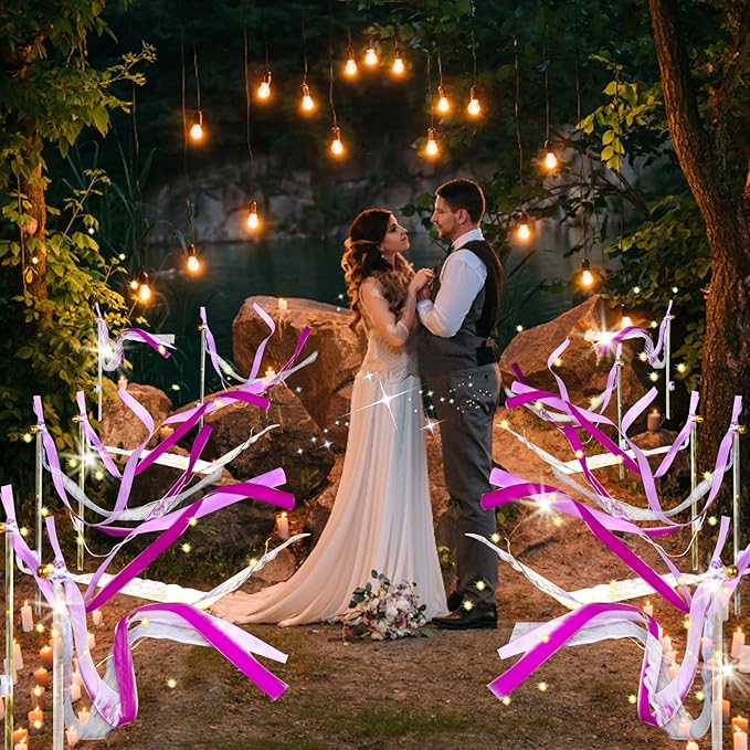 60Pack Light Up Wands,Wedding Wands with 3 Colorful Flashing Modes,LED Silk Fairy Wands with Bells,Glow Ribbon Streamers for Wedding,Mardi Gras,Mother's Day,July 4th,Birthday(Purple)