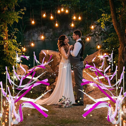 60Pack Light Up Wands,Wedding Wands with 3 Colorful Flashing Modes,LED Silk Fairy Wands with Bells,Glow Ribbon Streamers for Wedding,Mardi Gras,Mother's Day,July 4th,Birthday(Purple)