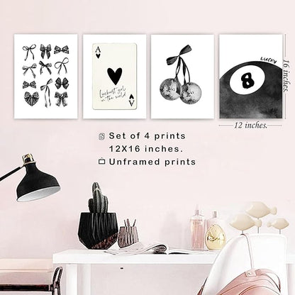 okaxscm Black Coquette Trendy Preppy Wall Art Prints Set of 4, Coquette Room Decor, Preppy Room Decor Aesthetic, Black Bow Disco 8 Ball Cherry Wall Decor Posters for Girls Bedroom Dorm, 12x16 Unframed