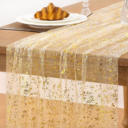 Beige Gold Table Runner 3 Pack Sheer Gauze Cheesecloth Runner 120 Inch Glitter Wedding Anniversary Party Decor for Dining Table Home Celebration