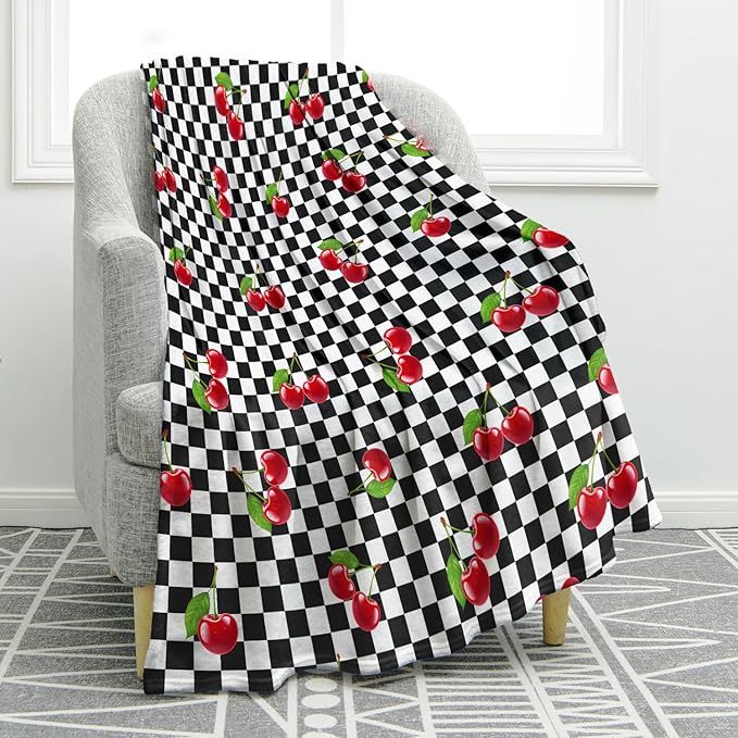 Jekeno Cherry Fruit Blanket Gifts for Women Kids Girls Boys Mom Wife Men Birthday Christmas Halloween Easter Presents Home Bedroom Living Room Bed Sofa Decor Black White Checkered Plush Throw 60"x80"