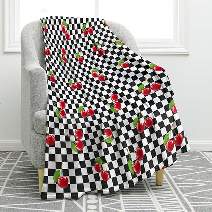 Jekeno Cherry Fruit Blanket Gifts for Women Kids Girls Boys Mom Wife Men Birthday Christmas Halloween Easter Presents Home Bedroom Living Room Bed Sofa Decor Black White Checkered Plush Throw 60"x80"