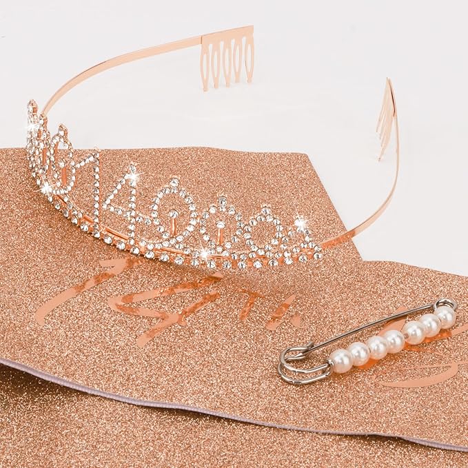 CIEHER 14th Birthday Crown and Sash for Girls, It's My 14 Bday Sash, 14th Birthday Decorations Rose Gold