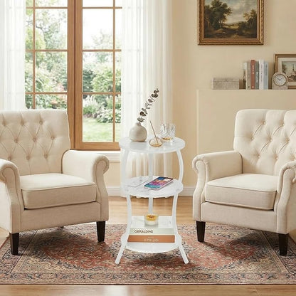 Small Round Side Table with Charging Station, 3-Tier Waist Circular End Table with Storage Shelf, Compact Tea Sofa Side Table Small Spaces, Round Corner Coffee Table for Living Room Bedroon,White
