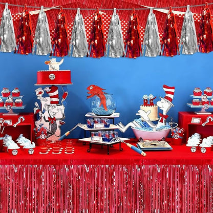 3P Red Silver Tassel Banner Garland Metallic Foil Fringe Banner Tinsel Tassels Streamer Banner Backdrop for Parade Floats, 2025 Graduation Decorations, Father's Day, Wedding Party Decoration