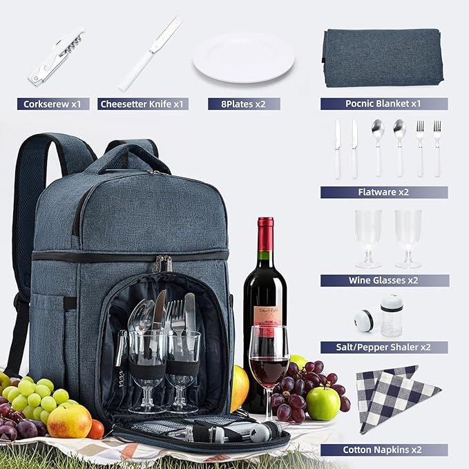 Picnic Backpack & Accessories - Picnic Set for 2 Person with 2 Insulated Cooler Compartment, Lightweight Blanket and Cutlery Set, Perfect for Wedding Gifts for Couples and Bridal Shower Gifts