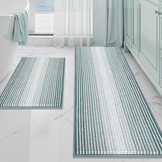 BSICPRO Bathroom Rugs and Mats Sets, 2 Piece Thick Absorbent Chenille Bath Mat Rug Set Non Slip, Soft Shaggy Bath Room Floor Mats for Bathroom, Machine Washable (Sea Green, 20" x 60" Plus 20" x 32")
