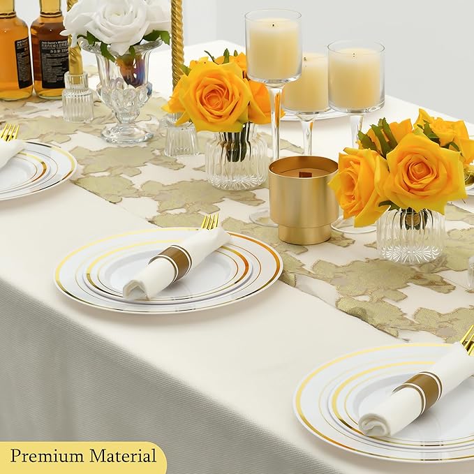 Noemie 100 Pack Pre Rolled Gold Hard Plastic Silverware Set,Wrapped Disposable Cutlery Set for Wedding Birthday Party with 100 Forks,Spoons,Knives,Napkins,Heavy Duty Utensils Flatware Set