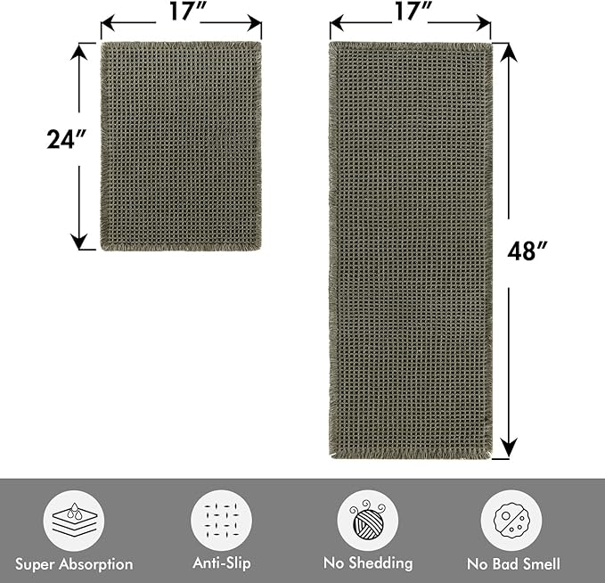 MIULEE Set of 2 Waffle Bathroom Rugs, Boho Bath Rugs Non Slip Washable, Super Absorbent Bath Mats, Ultra Soft Rubber Backed Shower Mats for Bathroom Floor, Tub, Green, 17"x24"+17"x48"