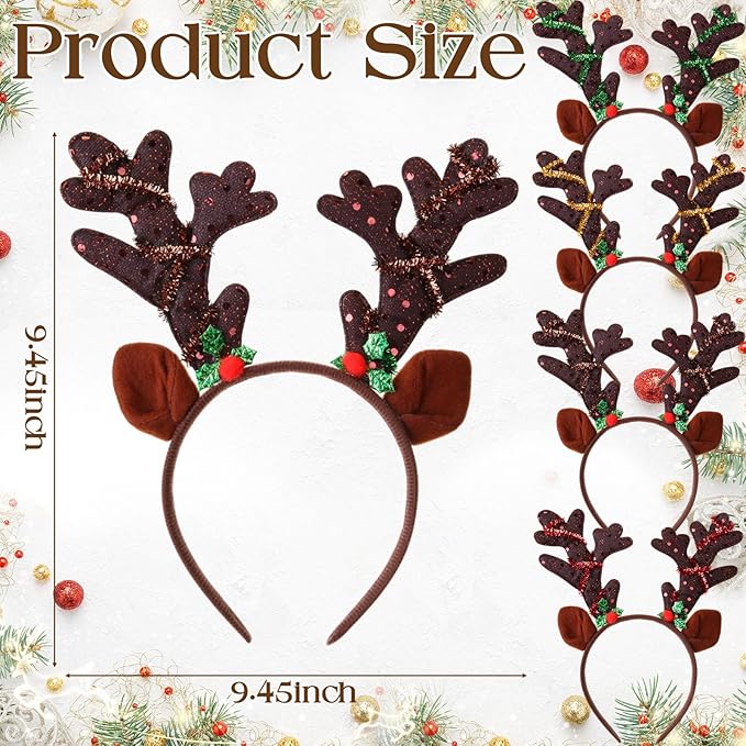 Zubebe 36 Pcs Christmas Reindeer Antlers Headband Deer Antlers Ears Hairbands with Glitter Sequins Christmas Photo Booth Props for Party Favors Cosplay Costume Supplies