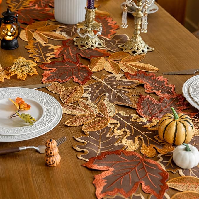 Joyfol Day Fall Thanksgiving Table Runner 14 x 33 Inches, Cutwork Embroidered Brown Maple Leaves Table Runners, Autumn Rust Dresser Scarf for Harvest Party Dinner Seasonal Decoration