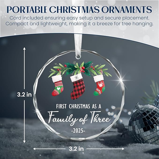 Baby's First Christmas Ornaments 2025 - Christmas Tree Decoration Glass Ornaments - New Parents Mom Dad, Baby First Ornament, First Christmas As A Family of Three, Ideal for New Mom Dad