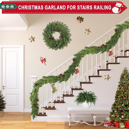 6 Ft Real Touch Christmas Garlands with Pine Cone,Thick and Lush，Bendable guirnaldas navideñas, Lifelike Pine Cedar Garland, Christmas Garland for Mantle,Indoor Outdoor Christmas Decorations
