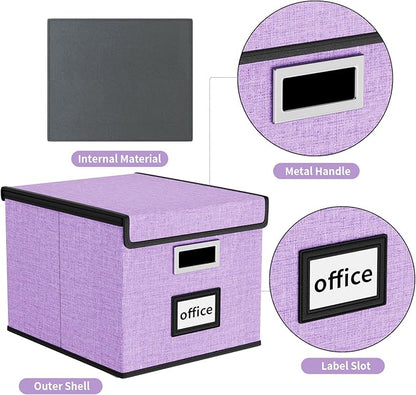 Huolewa File Organizer Box with Lid, Collapsible File Folder Organizer for Office Document Storage, Filing Box with Plastic Slide for Letter Size Hanging File Folders(1 Pack, Lavender)