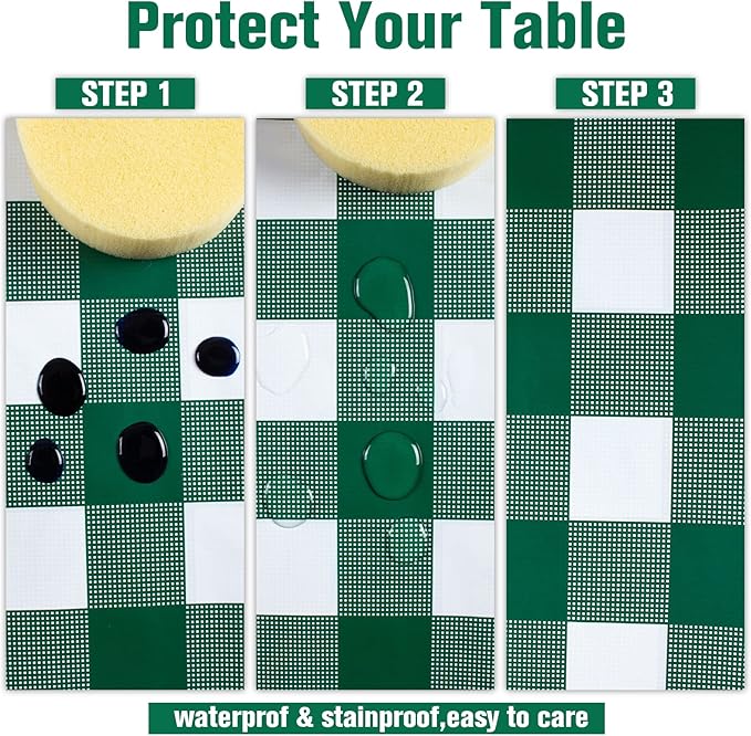 Kesfey 8 Packs Green and White Checkered Tablecovers 54 x 108 Inches Disposable Party Picnic Table Cloth SpillProof Plastic Gingham Tablecovers for Camping Decoration Party Favors