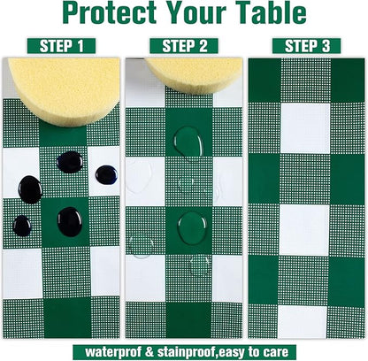 Kesfey 8 Packs Green and White Checkered Tablecovers 54 x 108 Inches Disposable Party Picnic Table Cloth SpillProof Plastic Gingham Tablecovers for Camping Decoration Party Favors