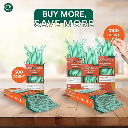 ECO SOUL Straws [1000 Count][8.25"] Eco-Friendly Disposable Straws, Cocktail Cold Drink Smoothie Bendable