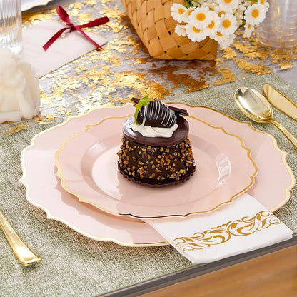 350 PCS Pink Disposable Plates, Scalloped Dinnerware Set for 50 Guests, 100 Plastic Plates, 150 Silverware, 50 Cups & 50 Paper Napkins, Pink