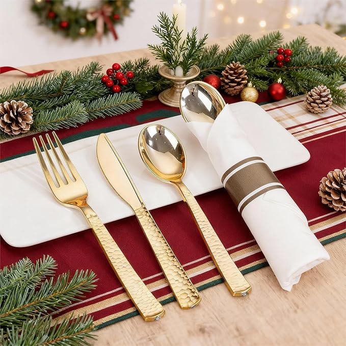 WELLIFE 50 Pack Gold Plastic Silverware with Pre Rolled Napkins,Gold Disposable Utensils, Includes: 50 Forks,50 Knives,50 Spoons,50 Napkins,gold Silverware Disposable for Christmas