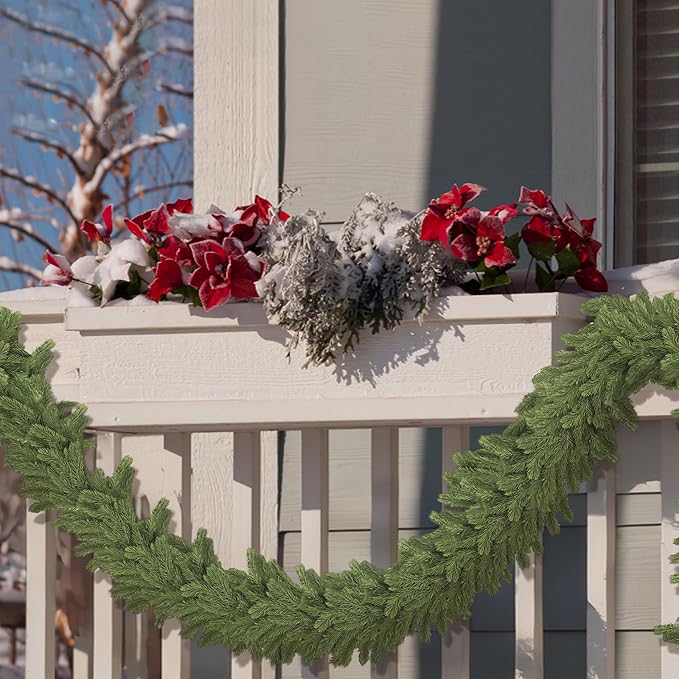 Lyrow 2 Pcs 15 ft Artificial Pine Greenery Garlands Deluxe Faux Thick Real Touch Winter Pine Garland Artificial Greenery Wreath for Table Fireplace Mantle Indoor Outdoor Christmas Decorations