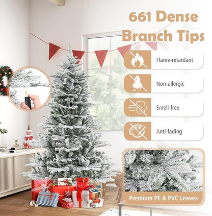 GOFLAME 6FT Pre-Lit Christmas Tree Snow Flocked, Hinged Artificial Xmas Tree with 661 Branch Tips, 500 Cold White LED Lights, 3 Lighting Modes, Timer, Remote, Holiday Decoration Tree for Home Party