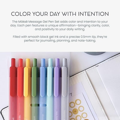 MäksēLife Makse Message Rainbow Gel Pens - Goal-Setting Writing Tools with Daily Affirmations for Personal Growth and Mindset Training, 8-Pack Set