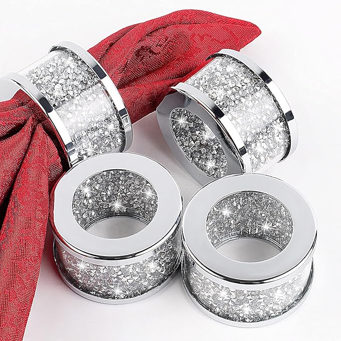 Silver Diamond Napkin Ring Glass Framed, Crystal Dinning Cloth Rings Set of 4 Piece, Glam Serviette Buckle Cloth Holder Sparkle Bling Crushed Diamond Table Decor Accessories