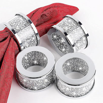 Silver Diamond Napkin Ring Glass Framed, Crystal Dinning Cloth Rings Set of 4 Piece, Glam Serviette Buckle Cloth Holder Sparkle Bling Crushed Diamond Table Decor Accessories