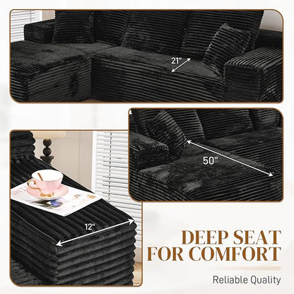 108" L Shaped Boneless Sectional Couches for Living Room, Wide Armrest, Deep Seat, Memory Foam, Assembly Free, Modern Comfy Corduroy Fluffy Cloud Sofa with Left Chaise, Black