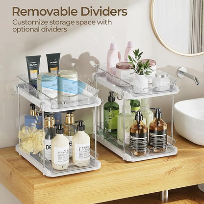 Delamu 2 Tier Bathroom Under Sink Organizers and Storage with Hook, Multi-Purpose Cabinet Drawers with Movable Dividers, Pull Out Organization for Countertop, Kitchen and Pantry(White, 4 Pack)
