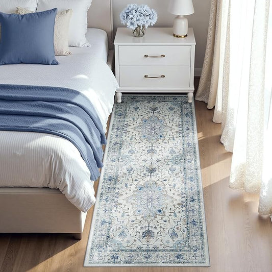 Area Rugs 2'x6' Runner Rug Non Slip Washable for Kitchen Hallway Bedroom Beside Laundry Room Bathroom Rug, Floor Carpet, Light Blue Navy Beige Gray White