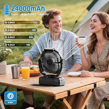FRIZCOL 3-in-1 Camping Fan - Portable Fans Rechargeable - 24000mAh Battery Powered Fan with Light & Remote for Indoor, Outdoor, Tent, Travel, Fishing, Jobsite, Gifts for Men Dad Him - Black