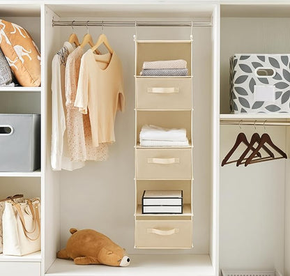 MAX Houser 6 Tier Shelf Hanging Closet Organizer, Closet Hanging Shelf with 2 Sturdy Hooks for Storage, Foldable (Beige-D3)