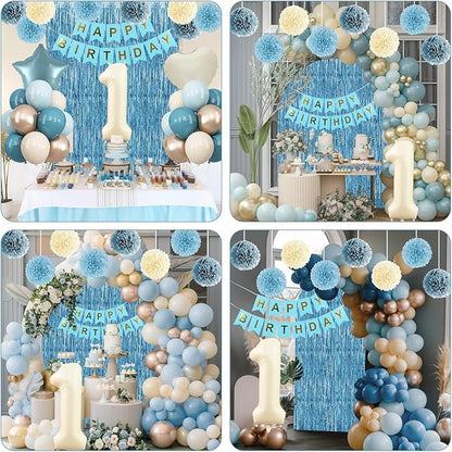 Dusty Blue 1st Birthday Decorations Beige Cream Number 1 Balloon with Blue Gold Happy Birthday Banner Fringe Curtain Paper Pom Poms Nude White Sand Champagne Star Foil Balloons Party Decor