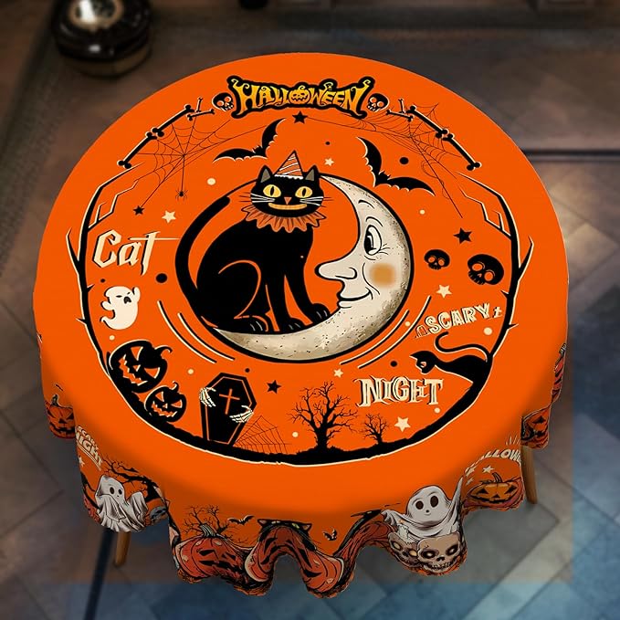 Eikione Round Tablecloth 60inch, Halloween Batcat Tablecloth Waterproof and Wrinkle-Free, Table Covers, Summer Decorations for Home Dining