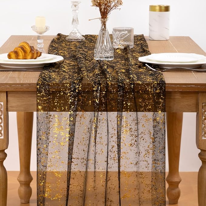 Black Gold Table Runner Sheer Gauze Cheesecloth Runner 120 Inch Glitter Wedding Anniversary Party Decor for Dining Table Home Celebration