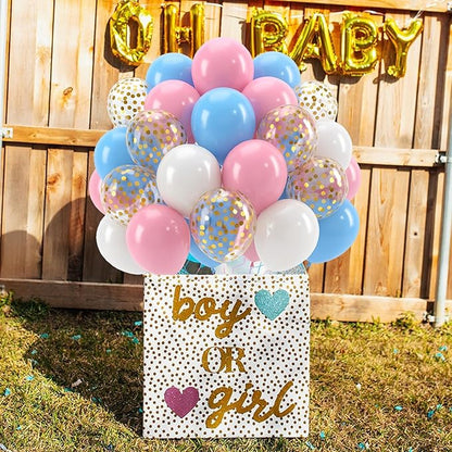 Patimate Gender Reveal Pink and Blue Balloons Set, 50 pcs 12 inch Pastel Blue Pink White Confetti Latex Balloons Kit for Gender Reveal Baby Shower Birthday Party Decorations