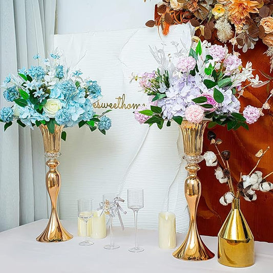10Pcs/Set Flower Centerpiece Table Decorations Gold Trumpet Vases with Crystal Bead for Wedding Centerpieces Birthday Party Event Home Decor