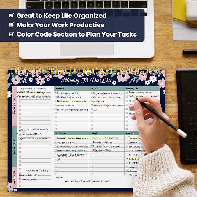 Weekly To Do List Notepad with 52 Undated Sheets（8.5"×11"）- Undated Weekly Planner Notepad for Office Desk Accessories and Supplies - Navy Blossom