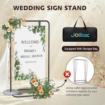 Jolitac Wedding Welcome Sign Holder, Adjustable Wedding Sign Stand Leather Hanging Straps & Design Bundle Heavy Duty Metal Easel Stand for Seating Charts, Bridal Showers, Birthday Party Displays