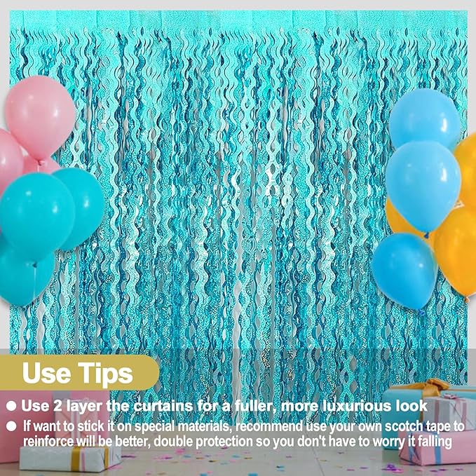 4 Pack Lake Blue Fringe Curtain Backdrop 3.2Ft x 8.2Ft Metallic Tinsel Foil Fringe Streamers Background for Photo Booth, Easter, Mother's Day, Bachelorette, Wedding, Birthday Party Decoration