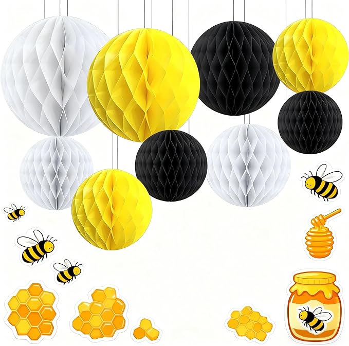 Capesaro 12pcs Black Yellow White Hanging Honeycomb Balls Decorations,Hanging Tissue Paper Pom poms Flower for Bee Summer Party Decoration(6" 8" 10" Yellow Black Set)