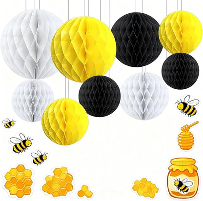 Capesaro 12pcs Black Yellow White Hanging Honeycomb Balls Decorations,Hanging Tissue Paper Pom poms Flower for Bee Summer Party Decoration(6" 8" 10" Yellow Black Set)